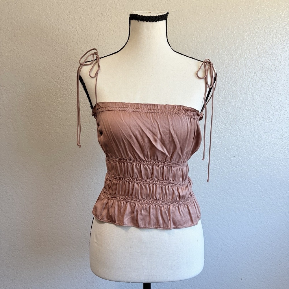 Reformation Smocked Brown‎ Silk Cami Tank Adjustable Straps Ruffle Size XS